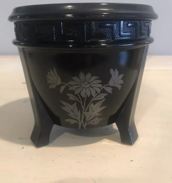 Vintage LE Smith Black Amethyst Footed Planter Embossed Greek Key Silver Flowers