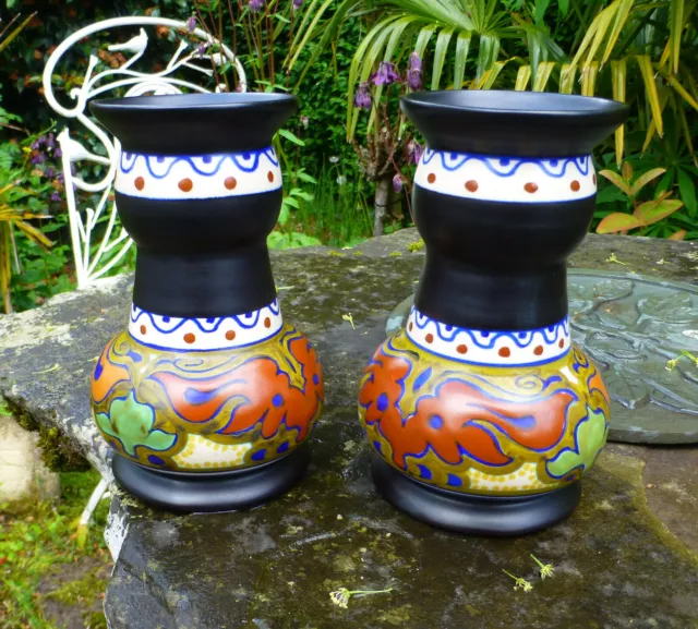 Rare Matching Pair Plazuid Gouda Art Pottery Vases Holland - Signed Beek on Base