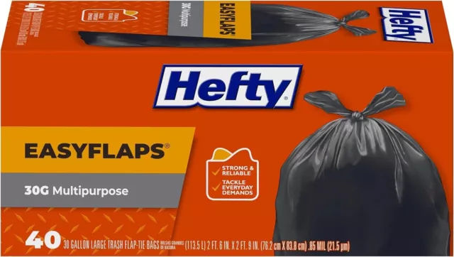 Hefty Easy Flaps Multipurpose Large Trash Bags, Unscented, 30 Gallon, 40 Count