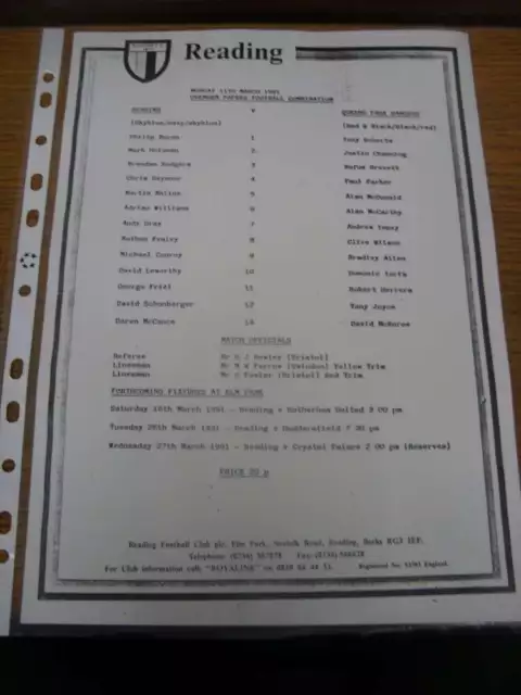 11/03/1991 Reading Reserves v Queens Park Rangers Reserves  (single sheet)