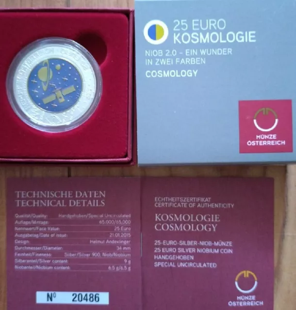 25 Euro Silber/Niob Münze 2015 " Kosmologie " Münze Österreich , Hgh.