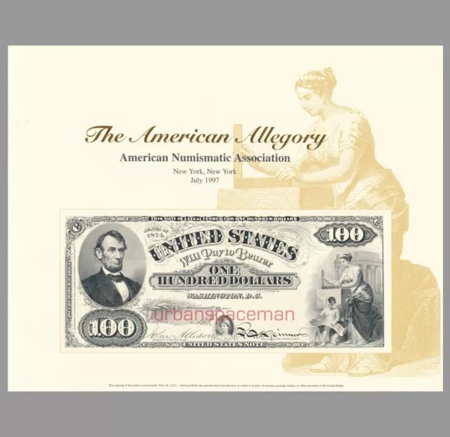 B221 ANA 1997 BEP Souvenir Card $100 Legal Tender U.S. Note 1874 proposed Mint