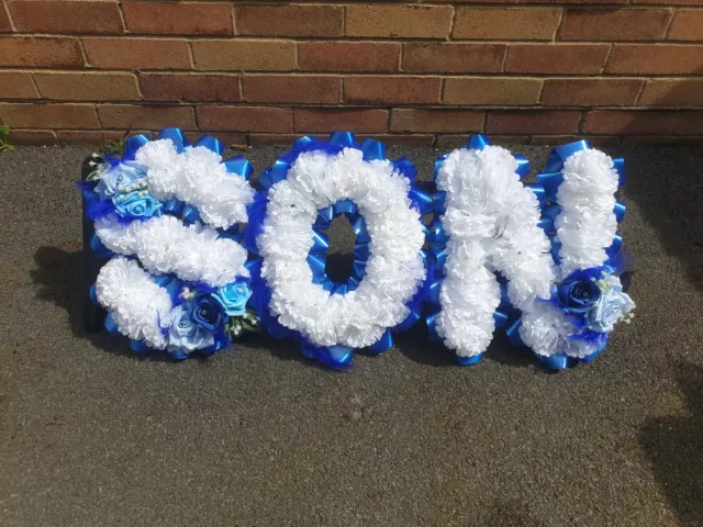 Artificial Silk Tribute SON FUNERAL Letters  Name Flower Wreath MUM DAD BRO NAN