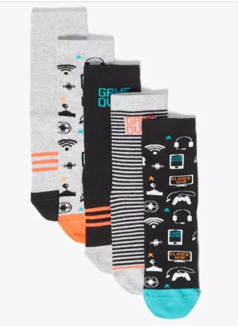 Boys Ankle Socks 5 Pack Ex M&S Shoe Size 6-8.5 - 4-7 Age 2 to 16 Years Gamer Mix