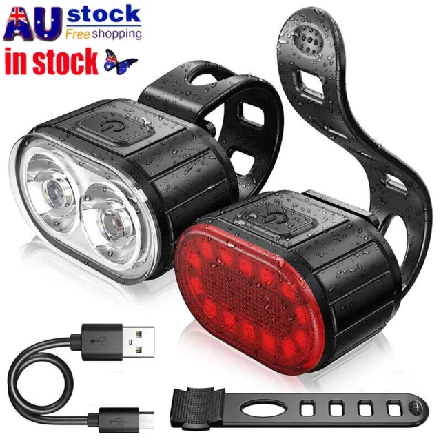 USB Rechargeable LED Bicycle Headlight Bike Front Rear Light Cycling Lamp Set AU