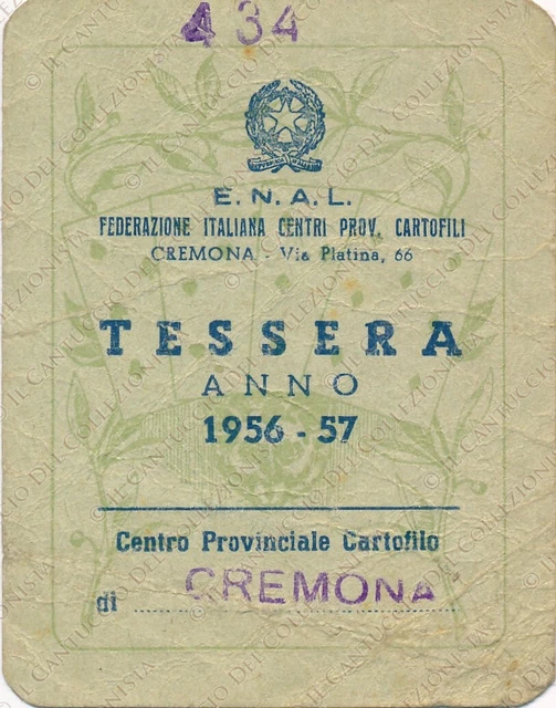 1956 Federazione Italiana Centri Cartofili Cremona ENAL tessera