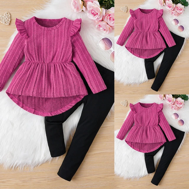 Kids Girls Long Sleeve Ruffle Pullover Tops Pants Outfits T-Shirt Trousers Set