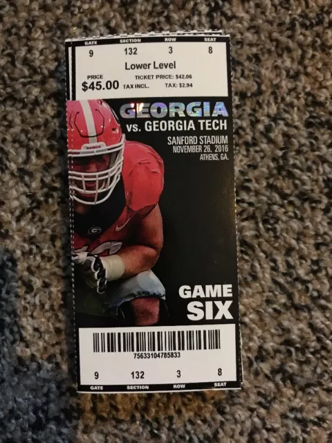2016 Georgia Bulldogs Vs Georgia Tech Ncaa College Football Ticket Stub 11/26