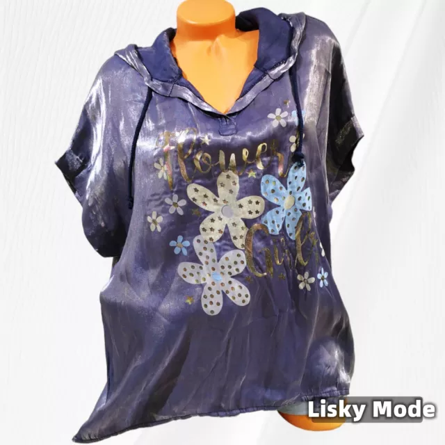 Italy Damen Tunika T-Shirt Kurzarm  Bluse glättet Kapuze dunkel Blau 40 42 44 3