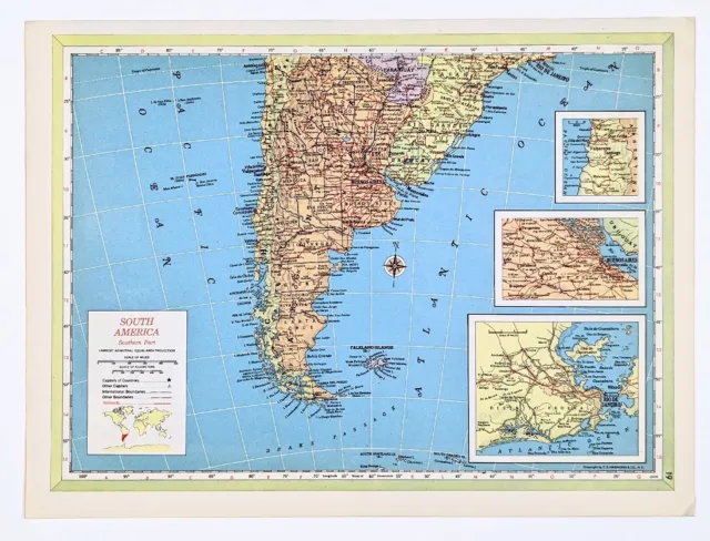 1954 Argentine Map Uruguay Buenos Aires Rio De Janeiro Falkland Islands Paraguay
