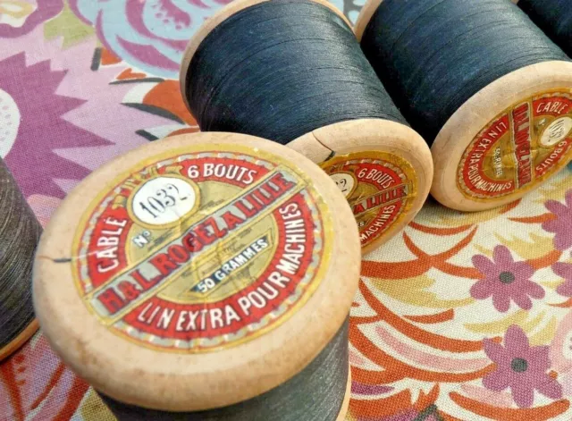 Mercerie ancienne, ANCIENNE BOBINE FIL DE LIN EXTRA POUR MACHINES NOIR DE 50gr