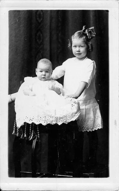 Vintage Early 1900's Photo / Postcard of Young Girl Posing with Little Sister