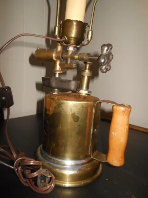 Antique blowtorch tool modified as a table lamp in brass - steampunk (408-13)