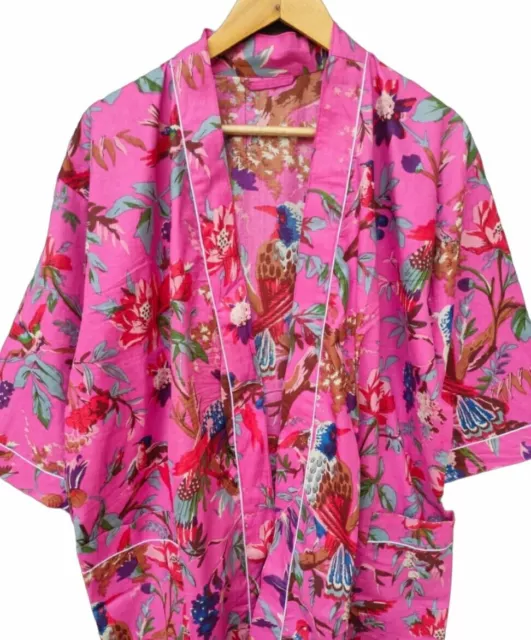 Albornoz tipo kimono indio con estampado de pájaros rosas, bata larga para...