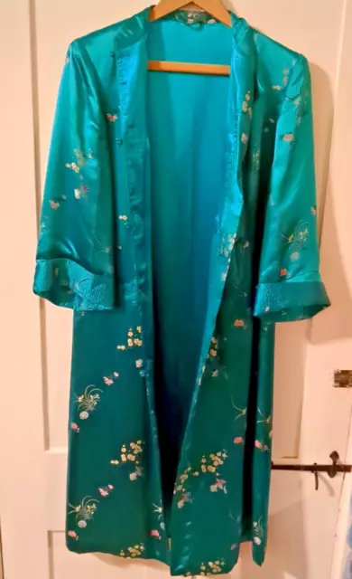 Beautiful Asian Kimono Style Silk Robe Teal Lined Vintage  Button Pockets "34" S