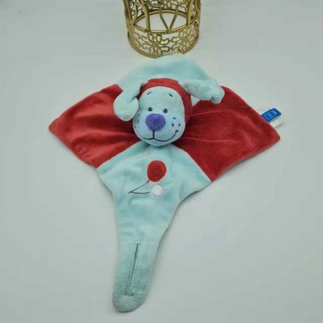13 - Doudou Tex Baby Carefour Plat Chien Bleu Rouge Attache Tetine Ballon Tbe