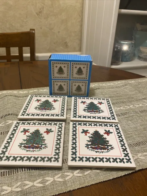 ArtMark Christmas Vintage 1987 Tile Trivets Set 4 Santa Elves Ceramic Coasters