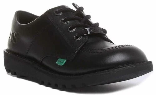 KICKERS Kick Lo Luxx Ragazzi 4 Occhio Pizzo Pelle Scarpe IN Nero Taglia UK 3 - 6