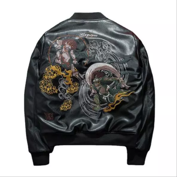 Mens Leathe Pilot Baseball Uniform Jacket Japanese Pattern Embroidery Coats