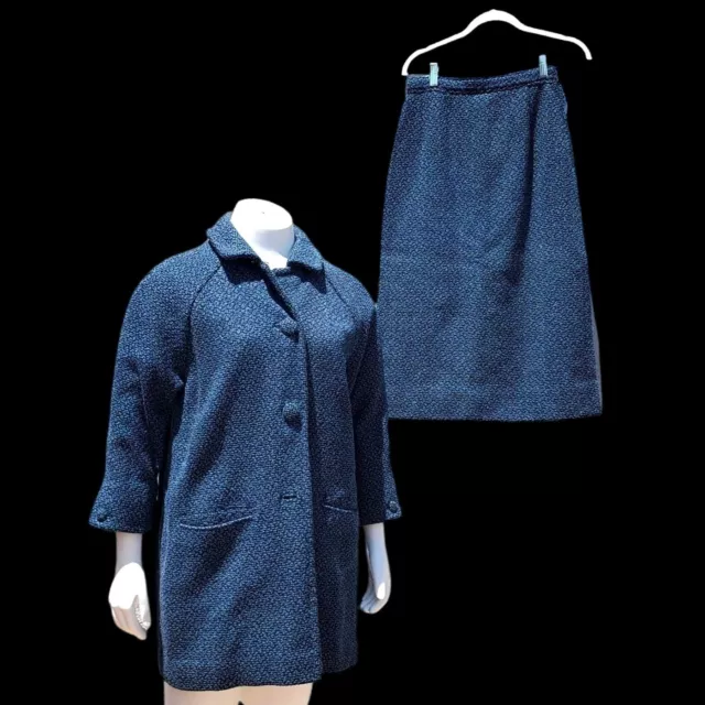 1950s Wool Skirt Suit Jacket Blue Womens S M Bespoke Metal Zipper Satin Lining