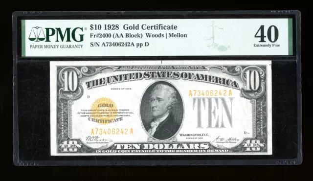 DBR 1928 $10 Gold Certificate Fr. 2400 PMG XF-40 Serial A73406242A