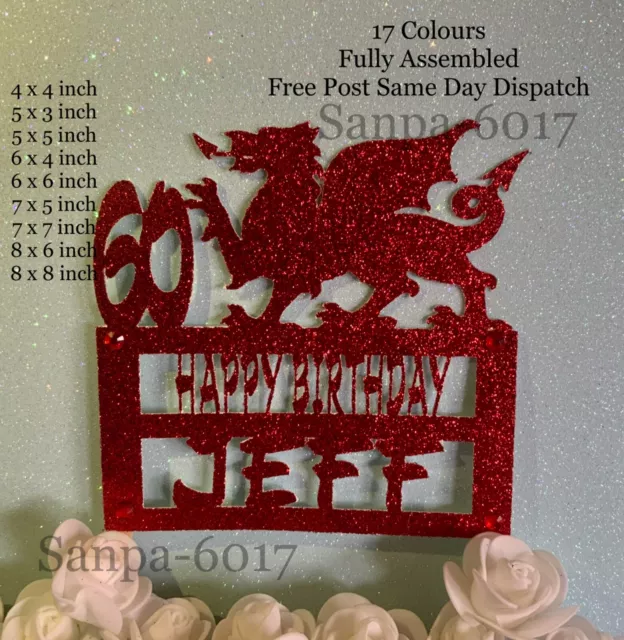 60th Birthday Personalised Glitter Wales Flag  Cake Topper  Any Age Welsh Dragon