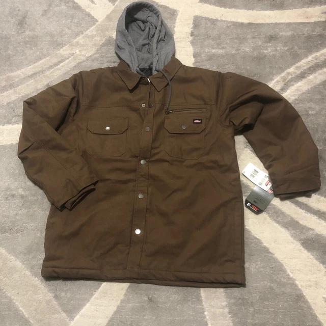 NWT Dickies Men Canvas Hoodie Workwear Jacket Large Brown Quilted Lined Zip Snap