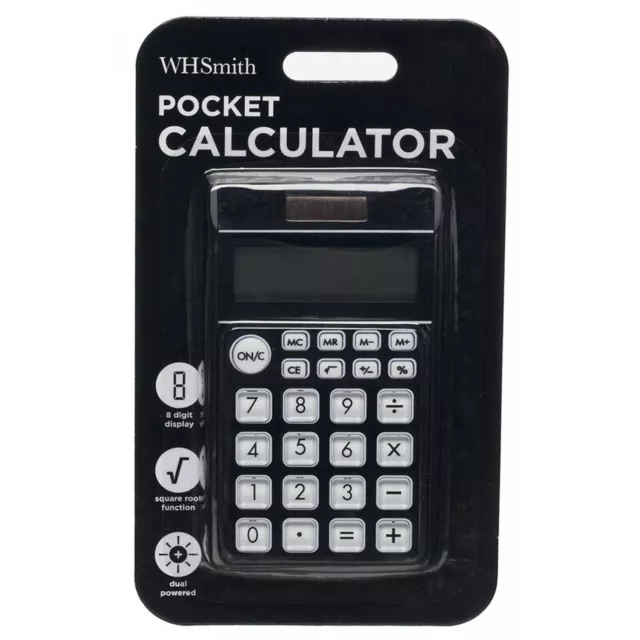 WHSmith Black Pocket Calculator Dual Powered 8 Digit Display With Other Function