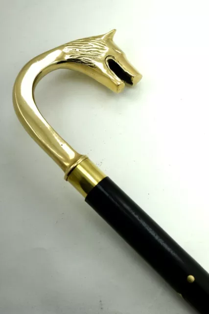 Walking Stick Brass Wolf Head Handle Cane Black Wood Gold Inlay 37" Comes 3piece