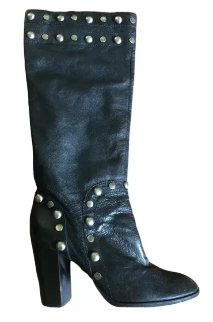 BRONX So TodayKNEE HIGH STUDDED HEELED BOOTS Sz9.5 BikerMotorcycle Leather Black