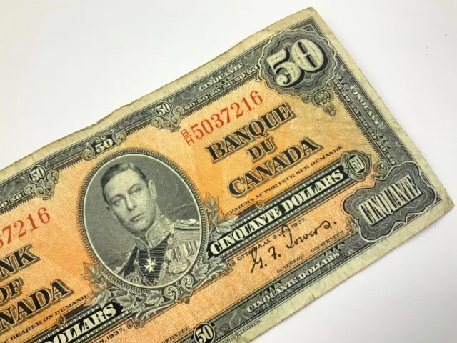 1937 Canada 50 Dollars Circulated Banknote BH Prefix Coyne Towers FF401