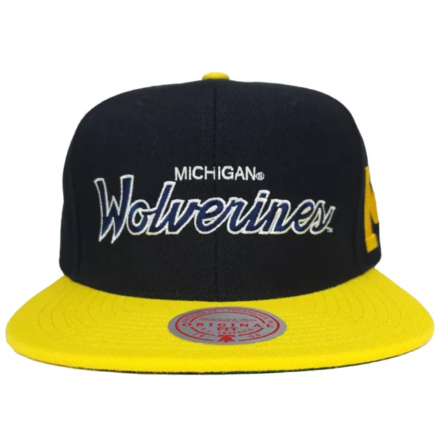 Michigan Wolverines Mitchell & Ness NCAA Snapback Hat Script Logo Black Cap NWT