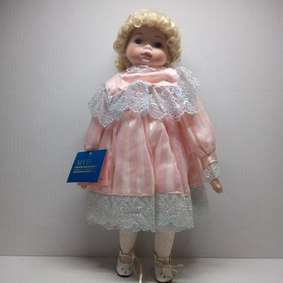 Vintage Porcelain Doll Marian Yu Designs MYD 16" Young Girl in Pink Dress