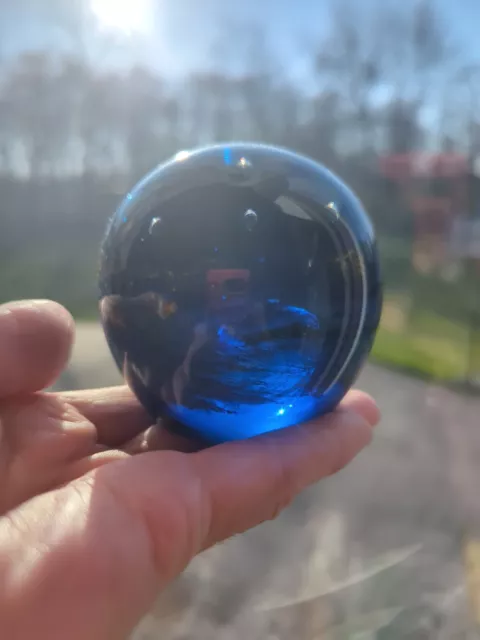 Vintage Art Glass Paperweight Cobalt Blue w/Multicolor Swirls- Bubbles On Top