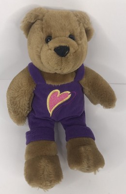 Hallmark Cards Plush Kiss Kiss Teddy Bear Purple Heart Overalls