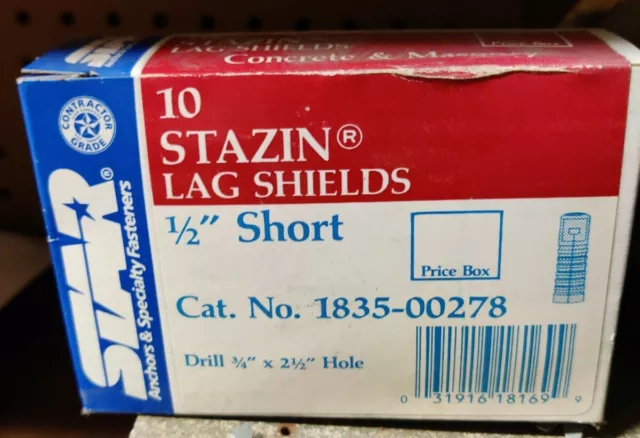 Box of 10 Stazin Lag Shields 1/2 Short for Concrete and Masonry New