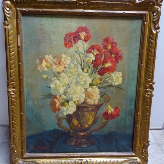 Tableau ancien signé BRUN Bouquet de Fleurs Pêches Peinture huile sur panneau