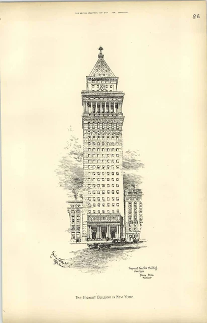 1891 Proposed New Sun Building New York, Highest Building Bruce Price