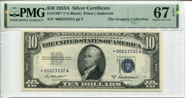 Fr 1707* Star 1953A $10 Silver Certificate Pmg 67 Epq Superb Gem Uncirculated