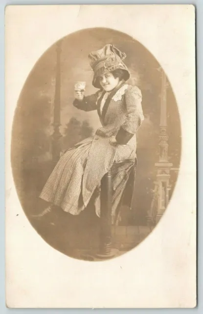 Real Photo Postcard~Little Woman on Pedestal Holds Teacup~Floppy Hat~c1910 RPPC