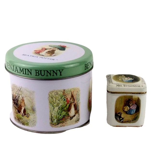 Bunnykins Lot Of 2 Decorative Metal Tins Benjamin Bunny Mrs Tittlemouse