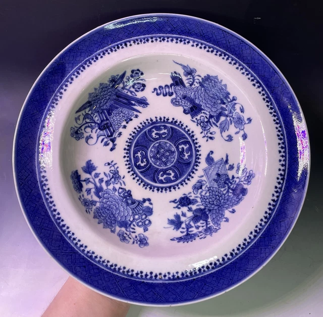 10 1/8" LARGE Antique Chinese Qing Dynasty Blue Fitzhugh Shallow Bowl 19th C. A4