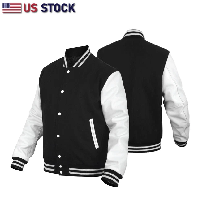 Leather Varsity Jacket Letterman Jacket Baseball Jacket Banded Collar2802BLK/WHT