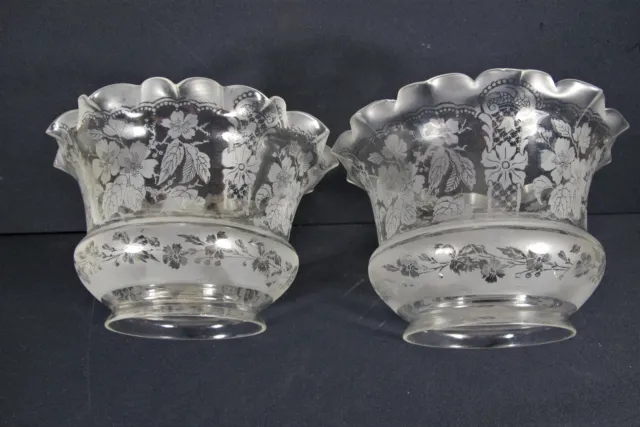 TWO (2) VINTAGE  ACID ETCHED  FLORAL SHADE GLASS  4" FITTER for BANQUET OIL LAMP