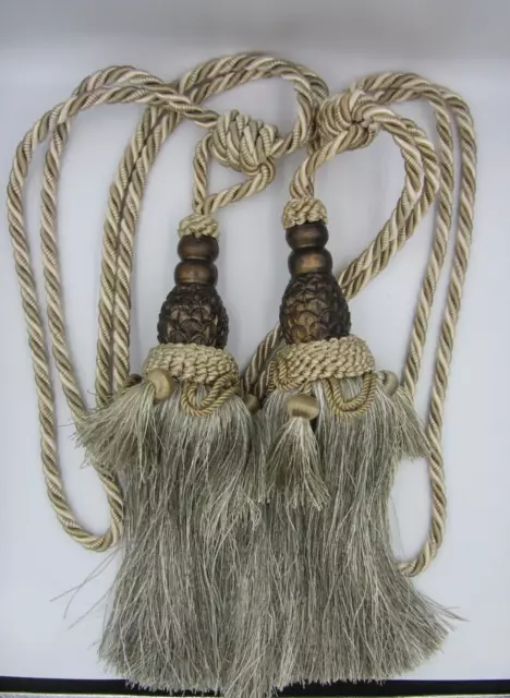 1 Pr. Resin Top Corded Large Tassel Curtain Drape Tie-backs Tan Beige
