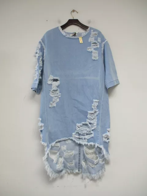 Vibrant Denim Shirt Dress Women’s Size Medium Blue Distressed Short Sleeve