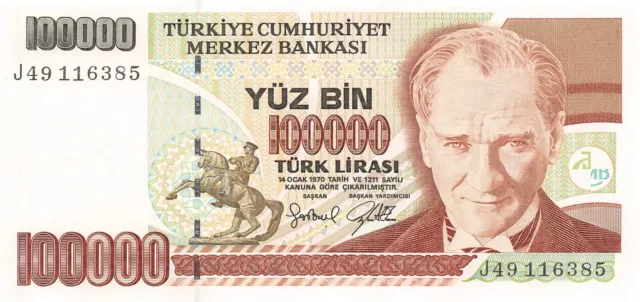 Turkey  100,000  Lira  ND. 1991  Series  J  Uncirculated Banknote LA/NY