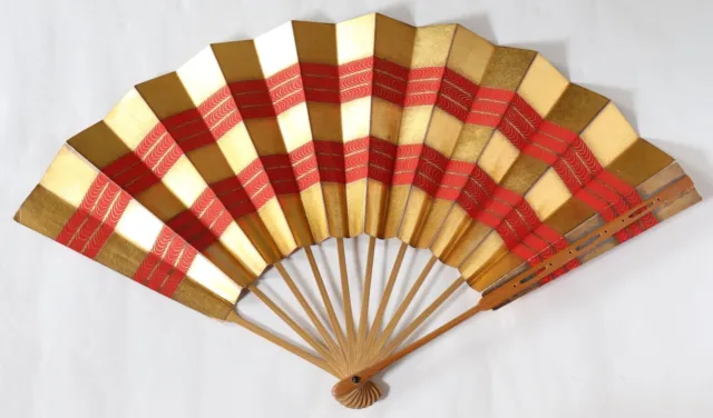 Japanese Folding Fan Paper Bamboo Wood Gold Red Dance Sensu Vintage