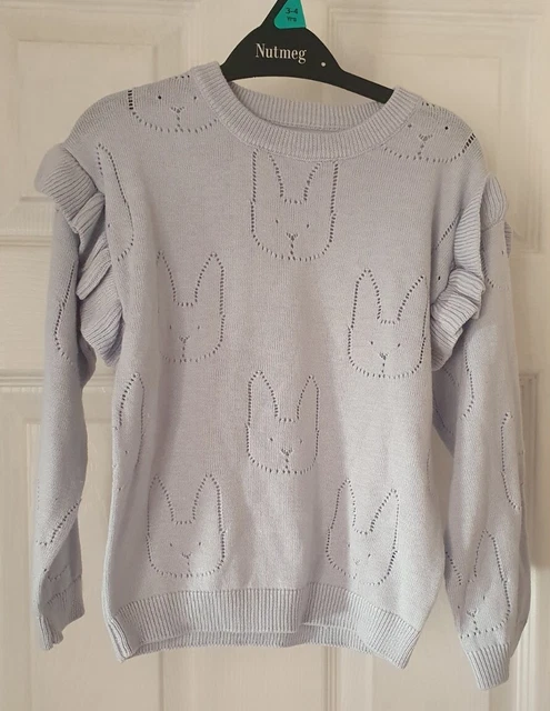 Maglione con tema a molla coniglio geometrico per ragazze noce moscata blu nuovo con etichette 3-4 anni 🙂