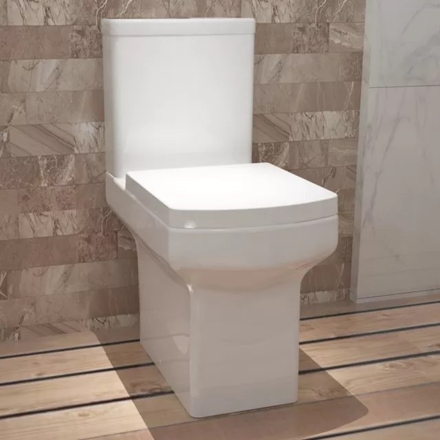 Close Coupled Toilet White Ceramic Square Modern Bathroom Pan & Seat WC Bathroom